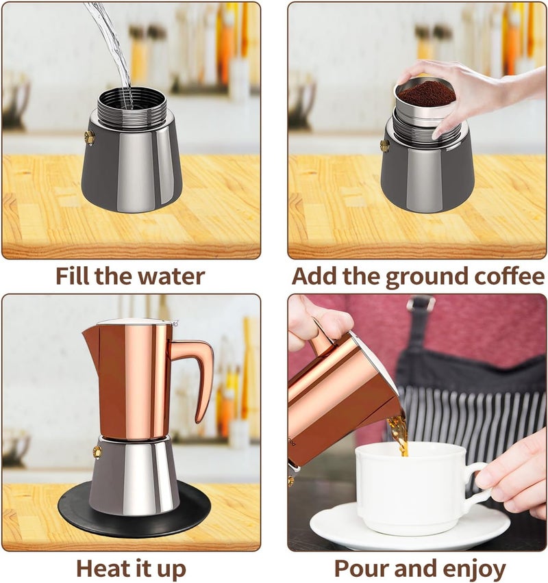 Collgene Stainless Steel Moka Pot Espresso Maker 6 Cups (10oz/300ml) - Italian Stovetop Coffee Maker for Gas & Induction Cooktops, Camping & Home Use, Durable Coffee Pot, Brown - Image 4